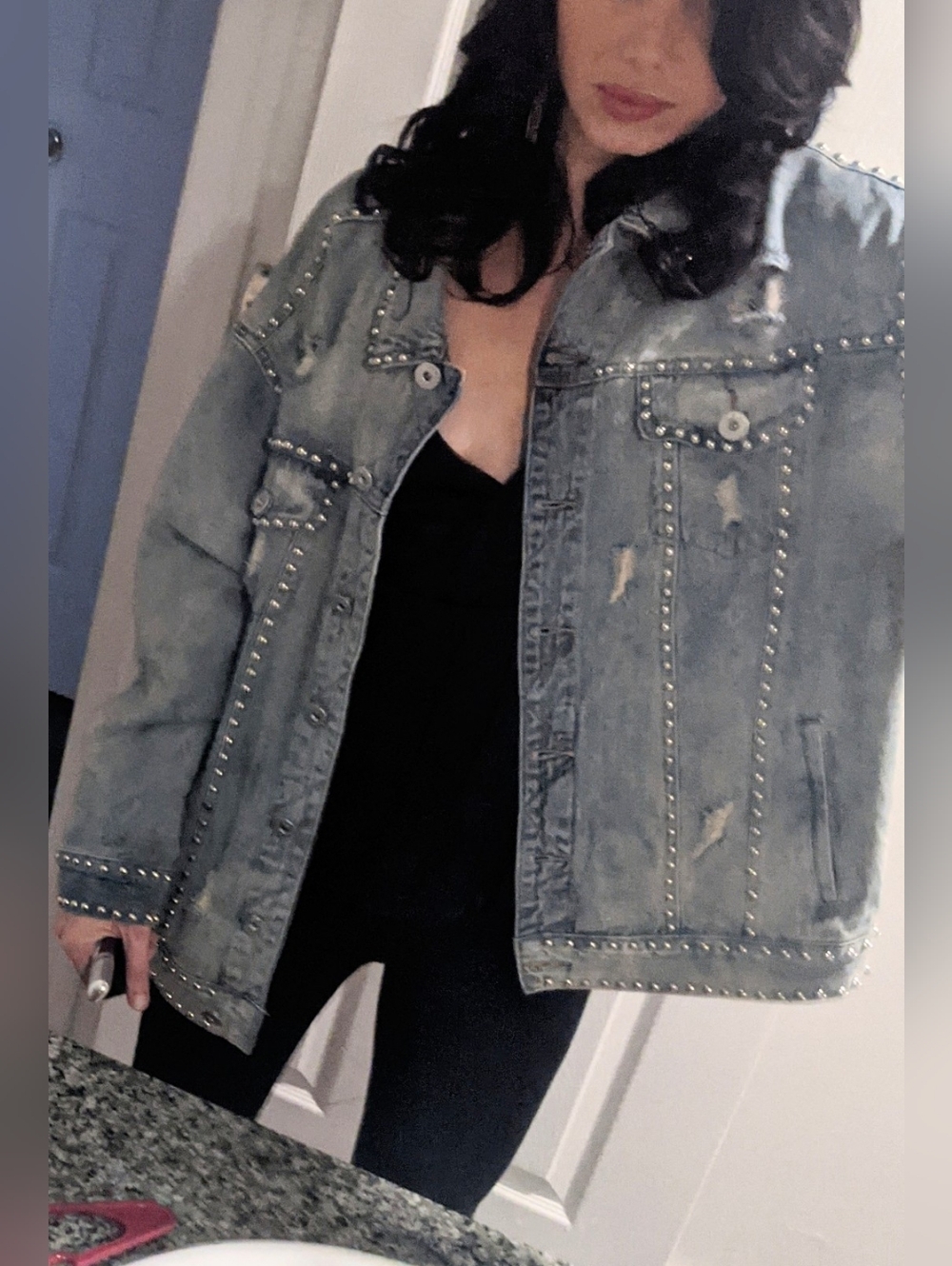 VICI Studded Distressed Oversized Denim Jacket Size S (Fits M/L)